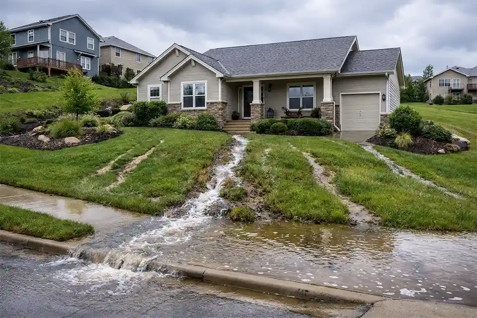 Stormwater runoff collecting in the front yard of a home located at the bottom of a neighborhood hill.