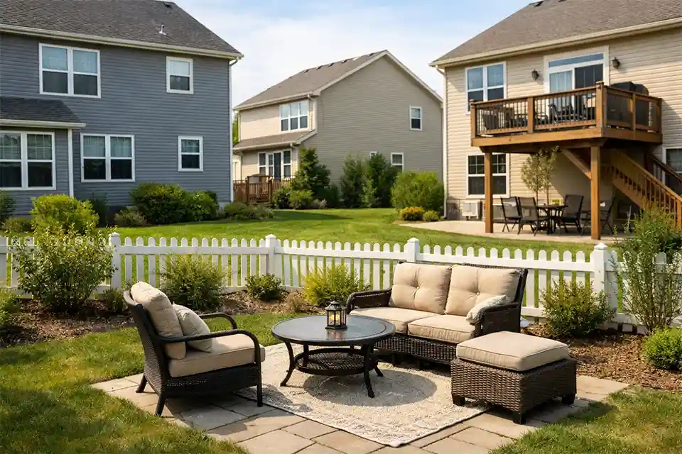 Suburban backyard privacy problem with short fence and neighboring second-story windows overlooking patio.