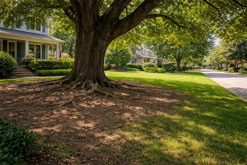 Patchy grass failing to grow under a large shade tree in a suburban front yard.