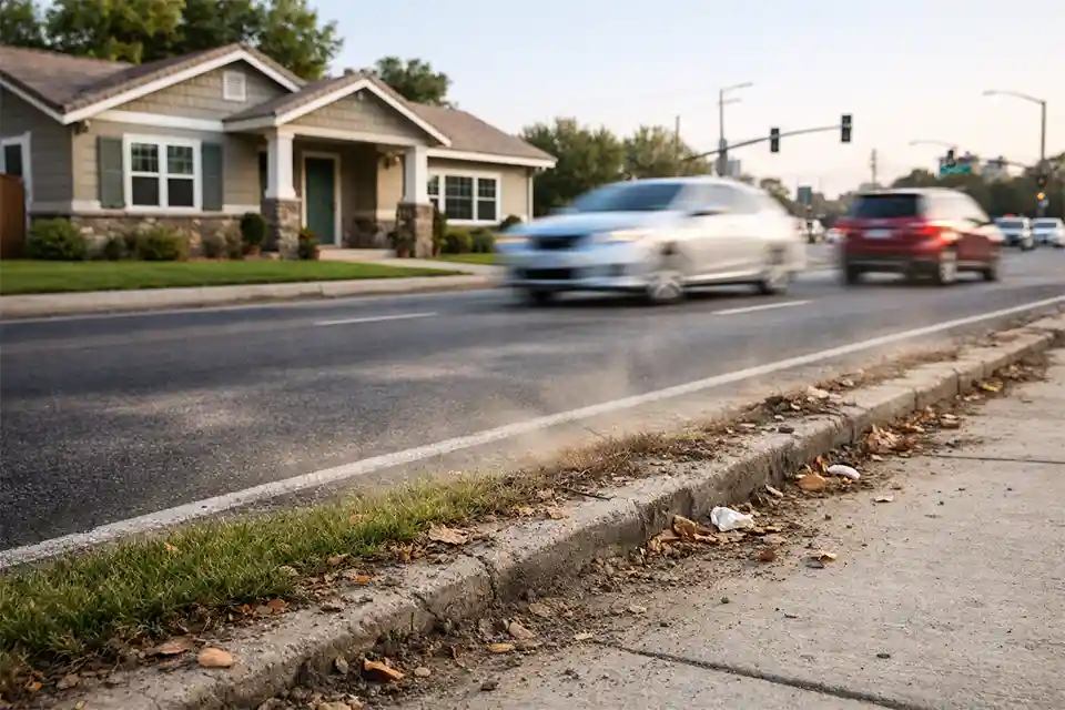 Front yard beside a busy road showing dust buildup and debris accumulation near curb and lawn edge.