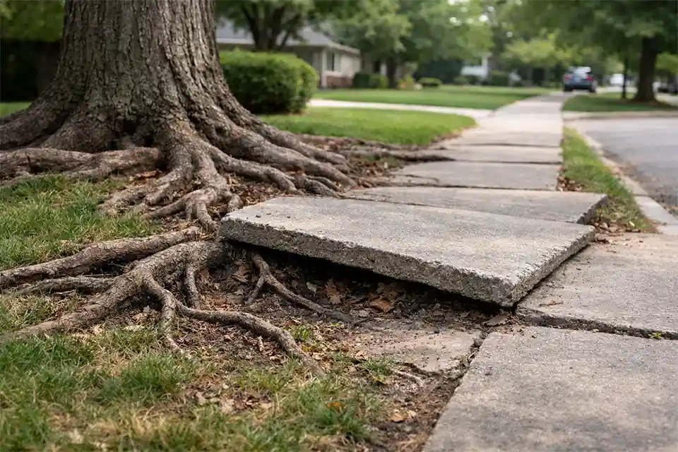 Tree roots lifting a sidewalk and damaging grass in a suburban front yard.
