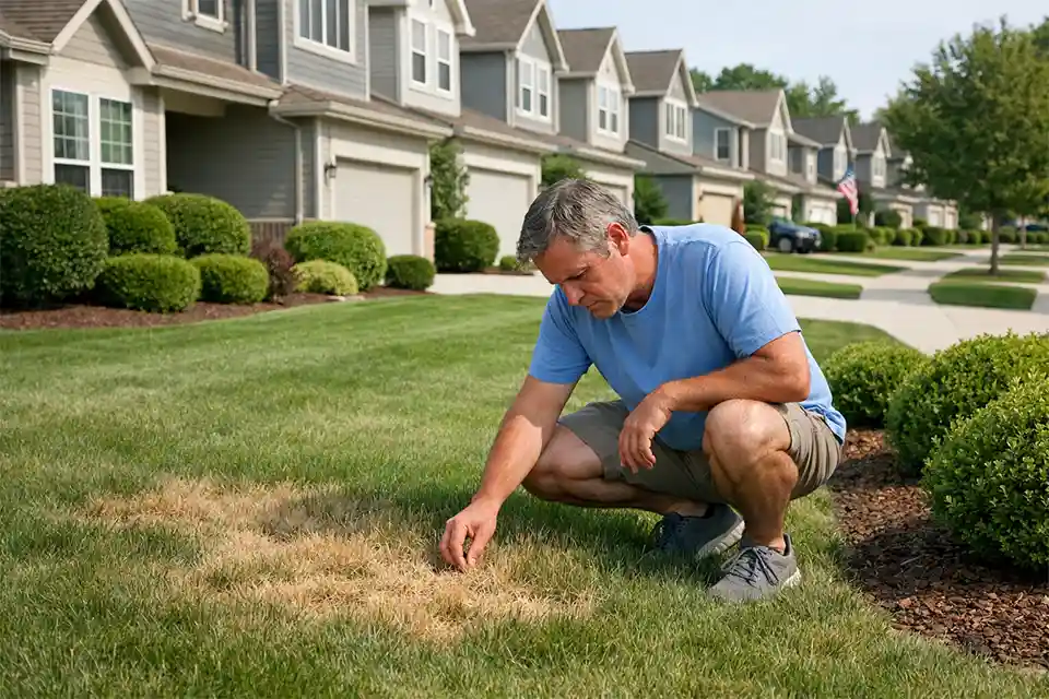 Suburban HOA neighborhood with uniform lawns and front yard maintenance problems caused by restricted landscaping rules.