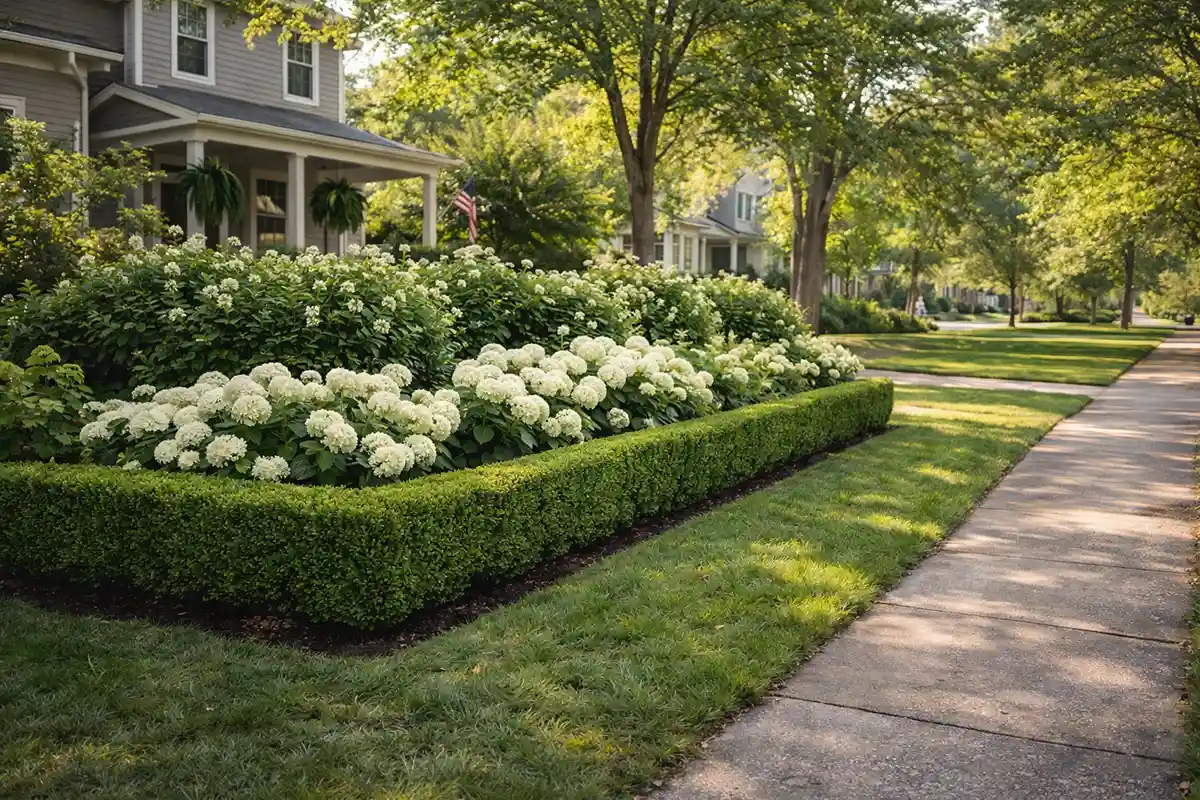 Front yard hydrangea privacy hedge along suburban sidewalk