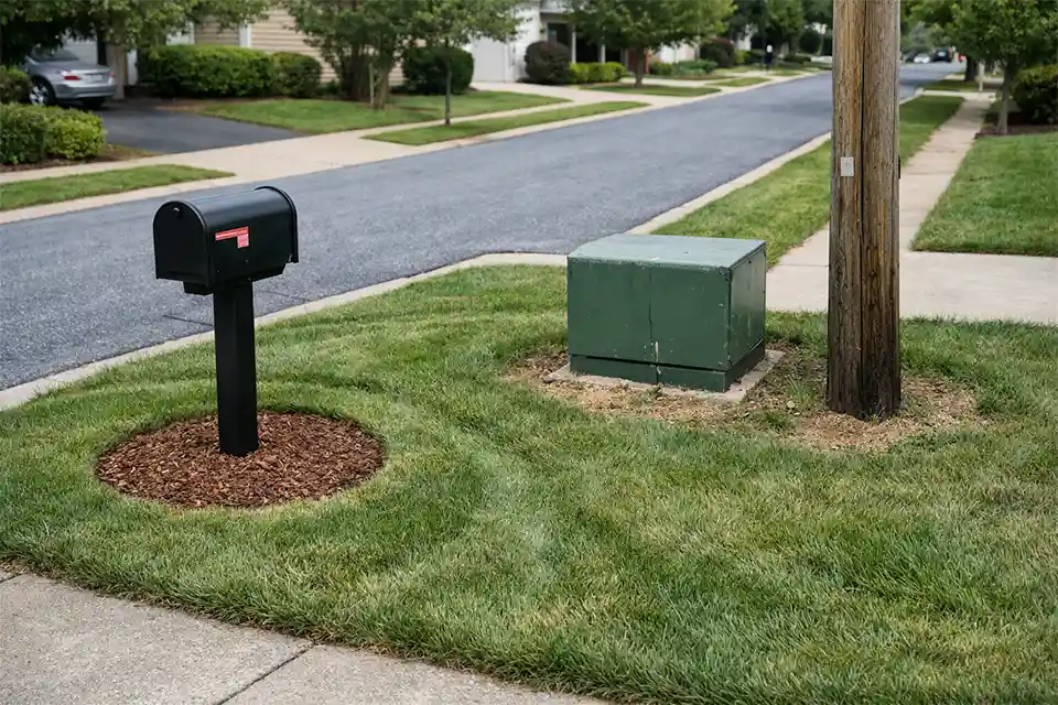 Suburban front yard lawn interrupted by mailbox post and utility box creating maintenance challenges.