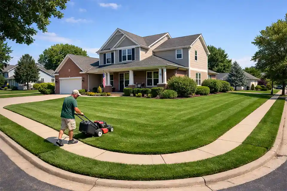 Corner lot suburban home with extended curbside grass areas requiring extra front yard maintenance.