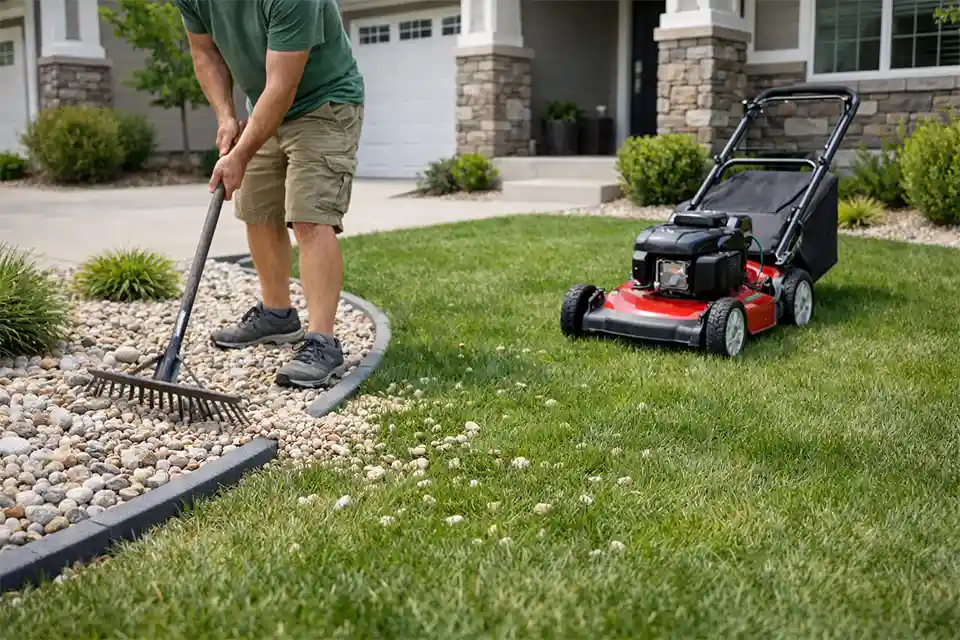 Gravel landscaping spreading into a front yard lawn and creating maintenance problems.