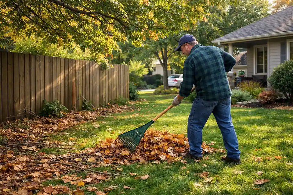 Front yard lawn covered with leaves and branches falling from a neighbor’s overhanging tree