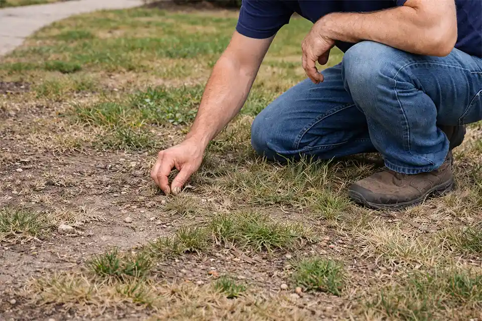 Patchy front yard grass and weeds caused by poor soil conditions