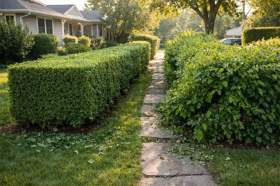 Fast-growing front yard hedges creating trimming and access problems in a suburban landscape