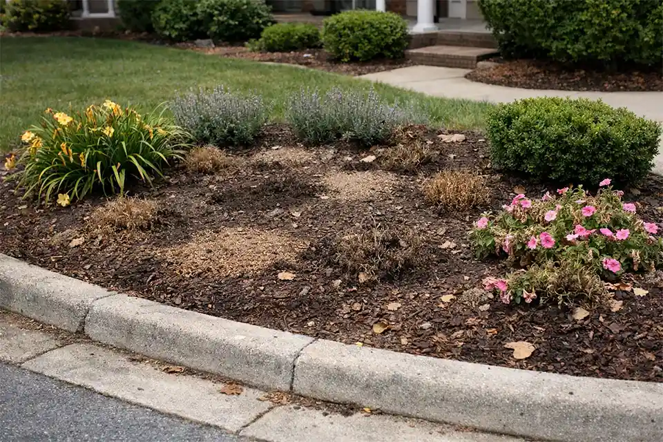 Decorative front yard flower bed with dying flowers and frequent replanting problems
