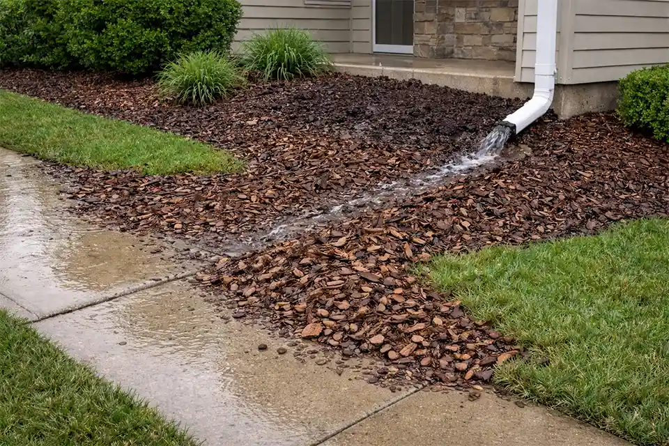 Front yard mulch bed washed away by runoff with exposed soil and displaced bark mulch