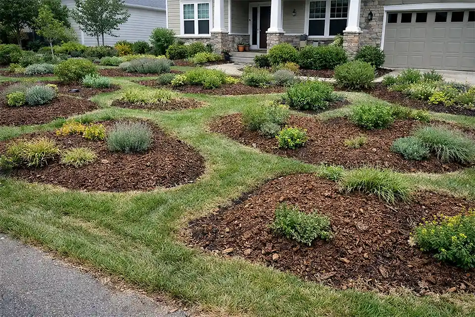 Front yard with many small planting beds, narrow lawn strips, messy edging, and visible upkeep problems from an over-fragmented landscape layout.