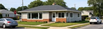 Corner lot home with front yard fully exposed to a busy intersection and sidewalk traffic.