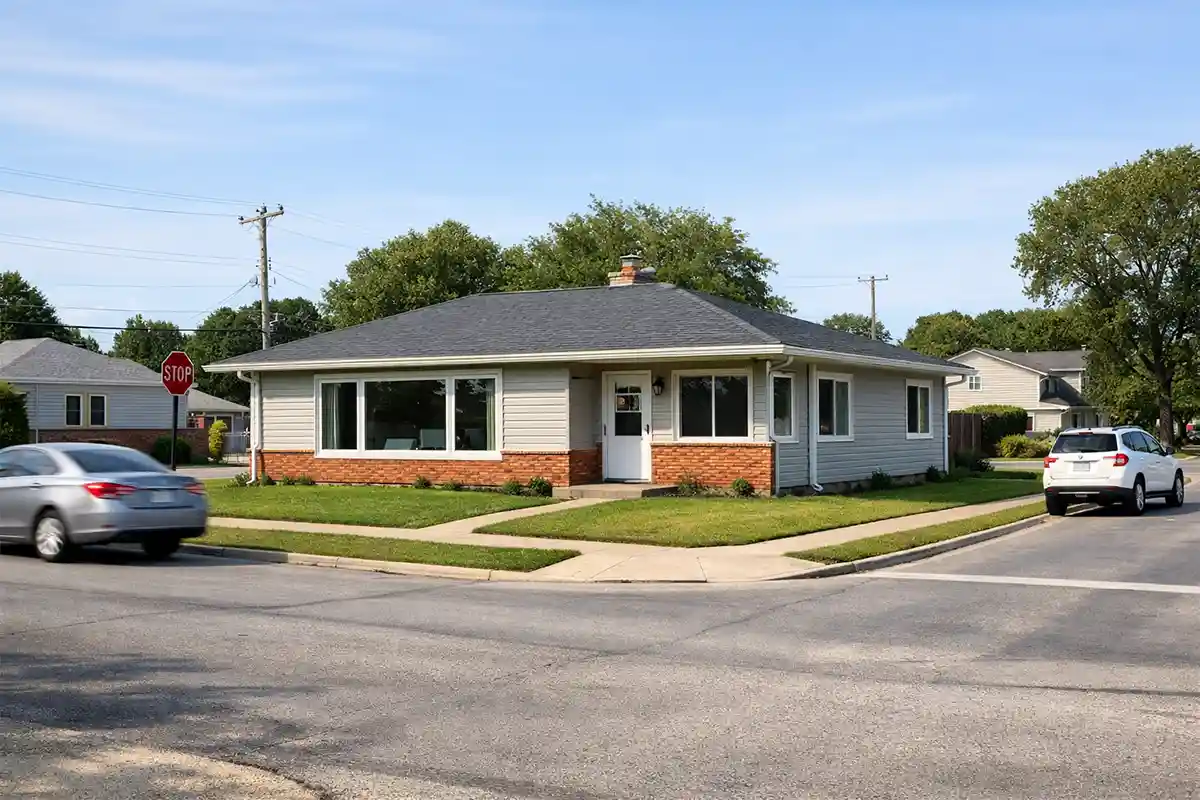 Corner lot home with front yard fully exposed to a busy intersection and sidewalk traffic.