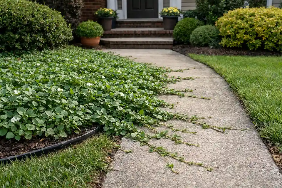Front yard groundcover spreading from a planting bed into a concrete walkway and lawn, with rooted runners crossing the edge and reducing the clear path.