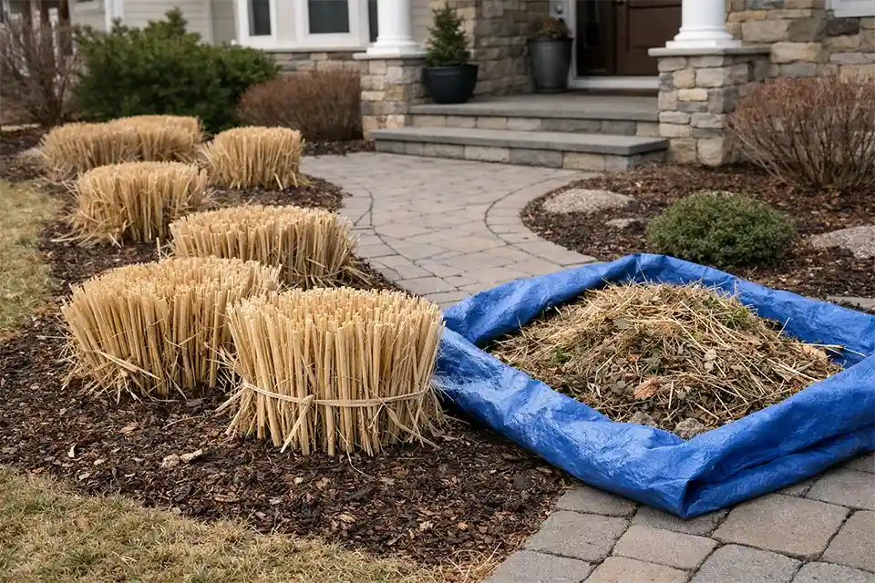 Front yard ornamental grasses cut back in late winter with tied tan foliage, short trimmed stems, and cleanup debris near a walkway.