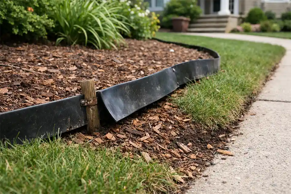 Front yard landscape edging that has shifted out of line with exposed stakes and mulch spilling into the lawn