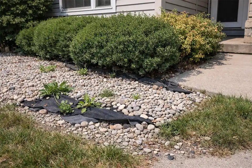 Front yard gravel bed with exposed weed barrier, weeds, rock spill into the lawn, and overgrown shrubs in a narrow bed