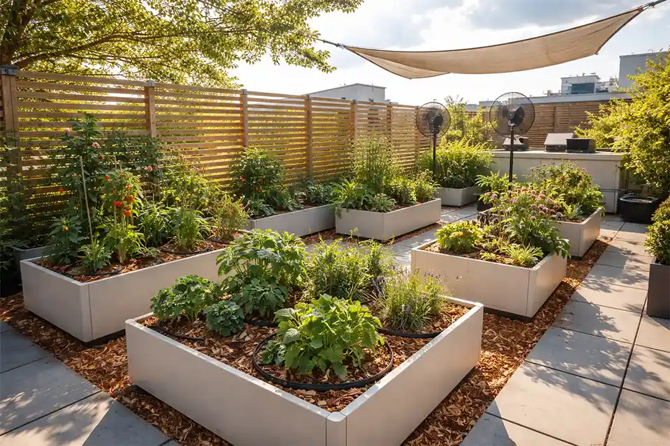 Rooftop garden with grouped light-colored containers, mulch, filtered shade, and a slatted screen to reduce heat stress