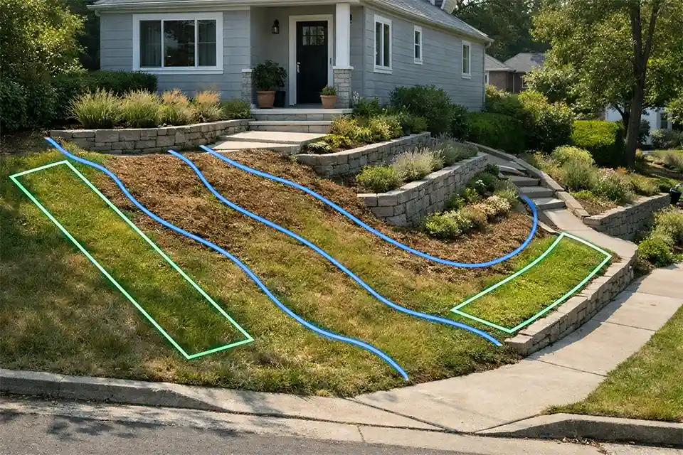 Steep sloped front yard with a small flat entry area and overlay lines showing runoff direction and limited landscaping zones