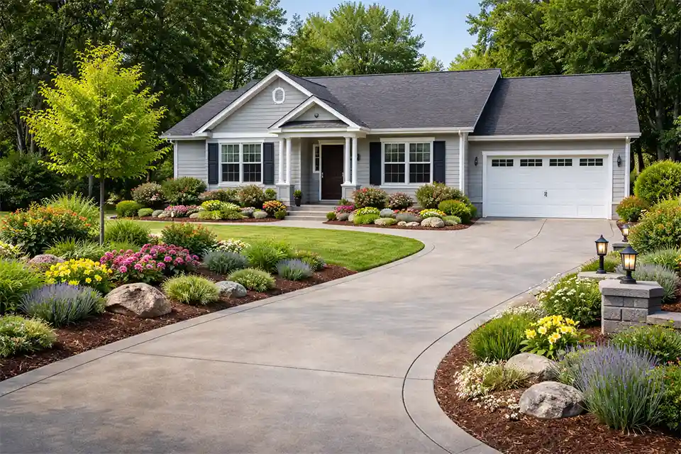 Oversized suburban driveway taking up most of the front yard with only narrow planting beds left near the house and front entry