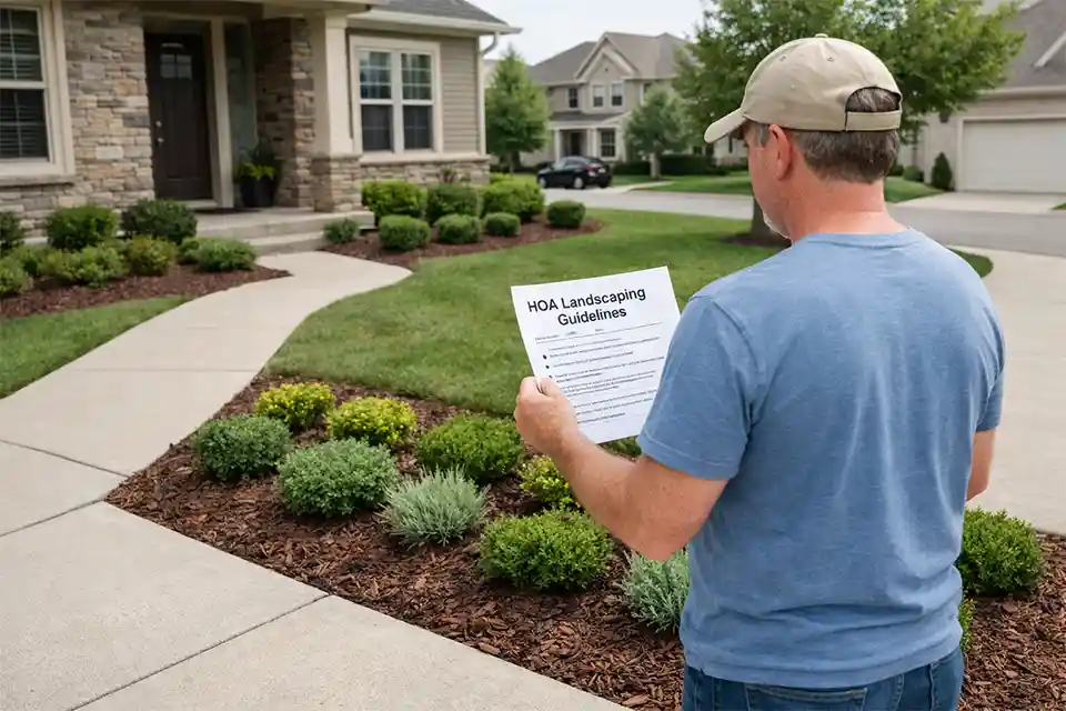 Suburban HOA front yard with shallow planting beds, approved low shrubs, and restricted landscaping features