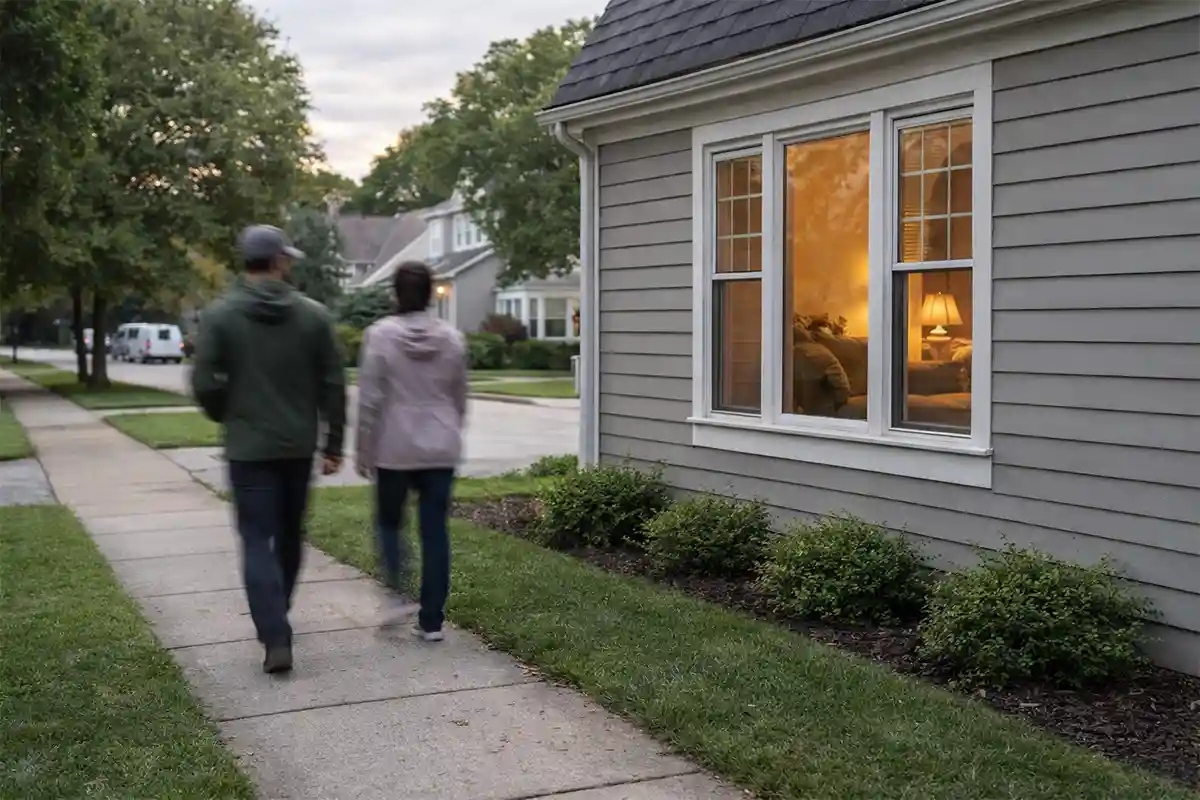 Suburban house with sidewalk only a few feet from the living room window and little landscaping privacy