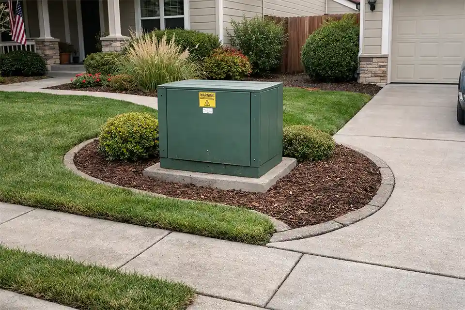 Front yard with a utility box in the yard disrupting lawn and planting layout