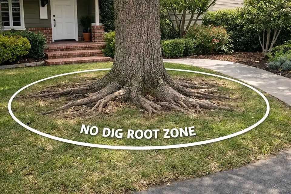 Front yard with visible tree roots and an overlay showing the no-dig root zone that should not be disturbed.