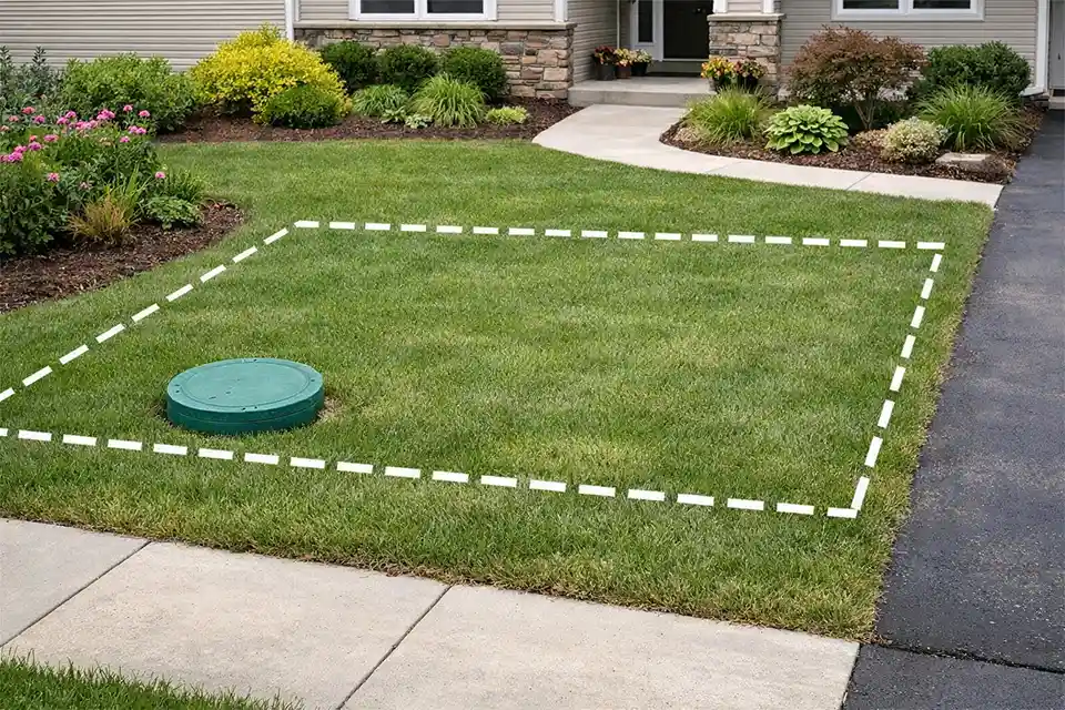 Front yard with a septic riser lid and drain field boundary marked to show where landscaping should stay light and shallow.