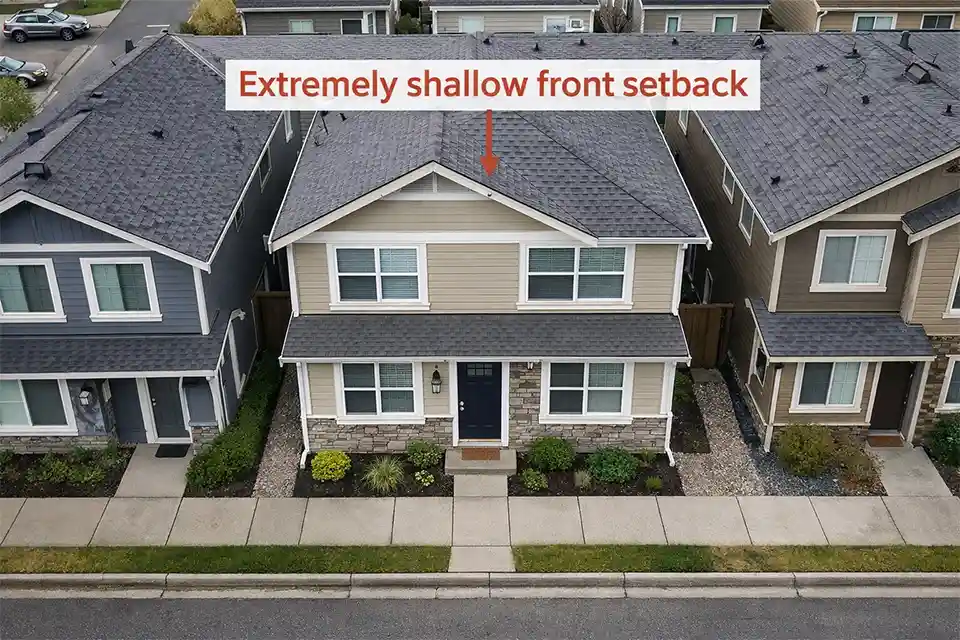 House close to the street with a minimal front setback and a very shallow front planting strip between the house and sidewalk