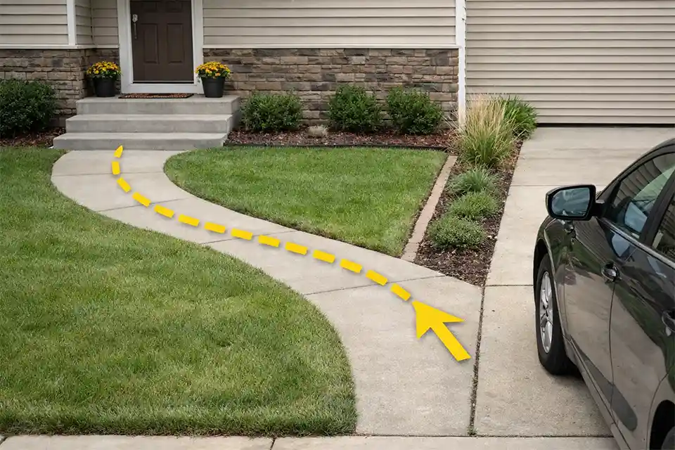 Front yard with an offset front door and driveway connected by a curved walkway with an overlay showing the natural walking route