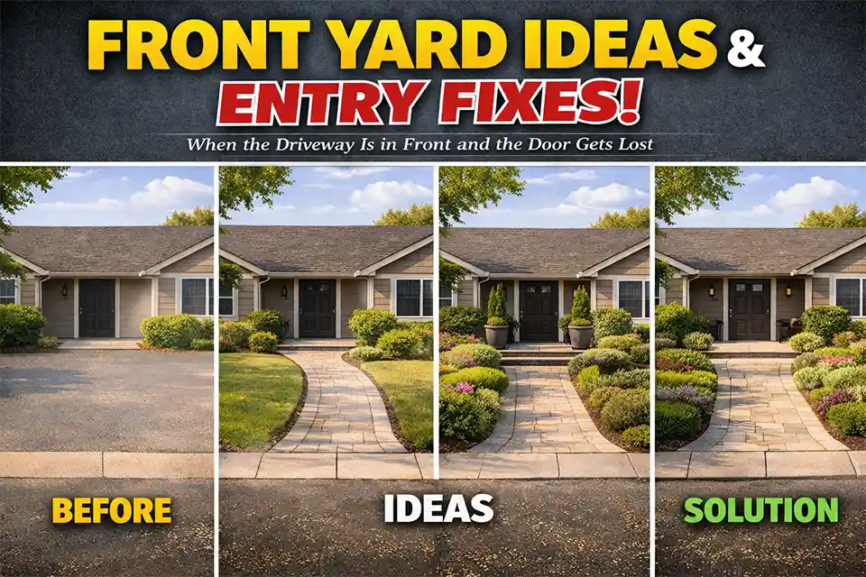 Front yard with a driveway in front of the house and a hard-to-find front entrance