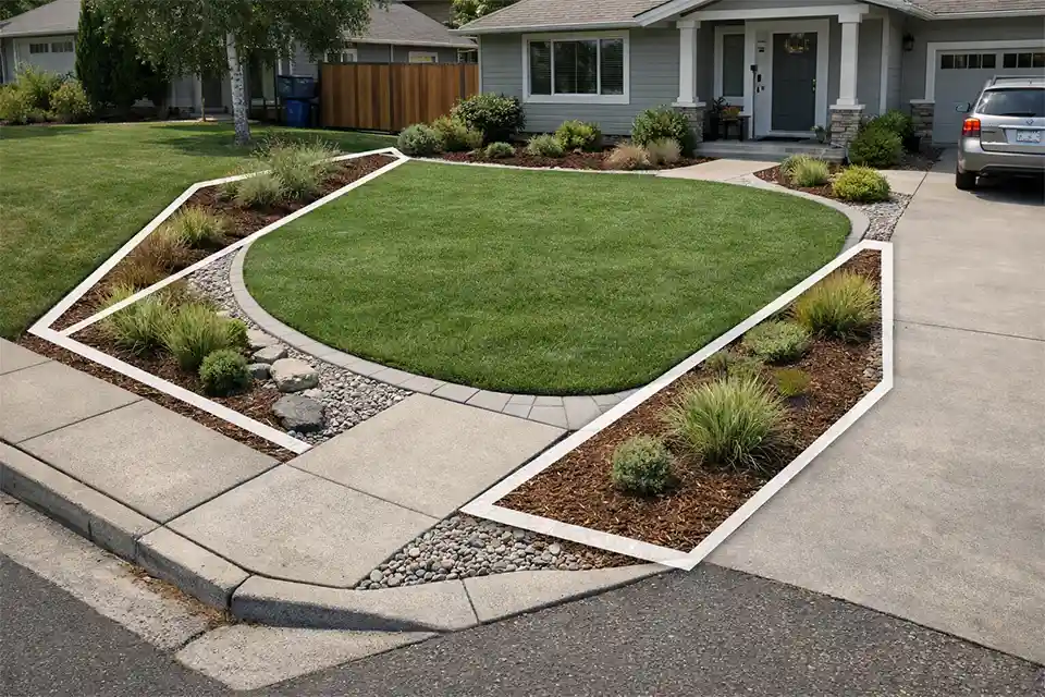 Irregularly shaped front yard with a highlighted central usable design zone and leftover triangular edge spaces near the curb and driveway.