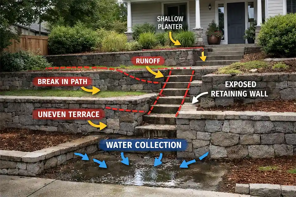 Front yard divided by retaining walls into levels with shallow terraces, exposed wall faces, narrow stairs, and visible drainage constraints