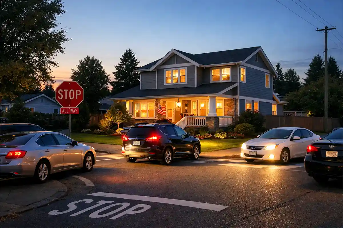 Corner home at a stop sign with vehicles stopped at an intersection and headlights shining toward the front yard and windows.