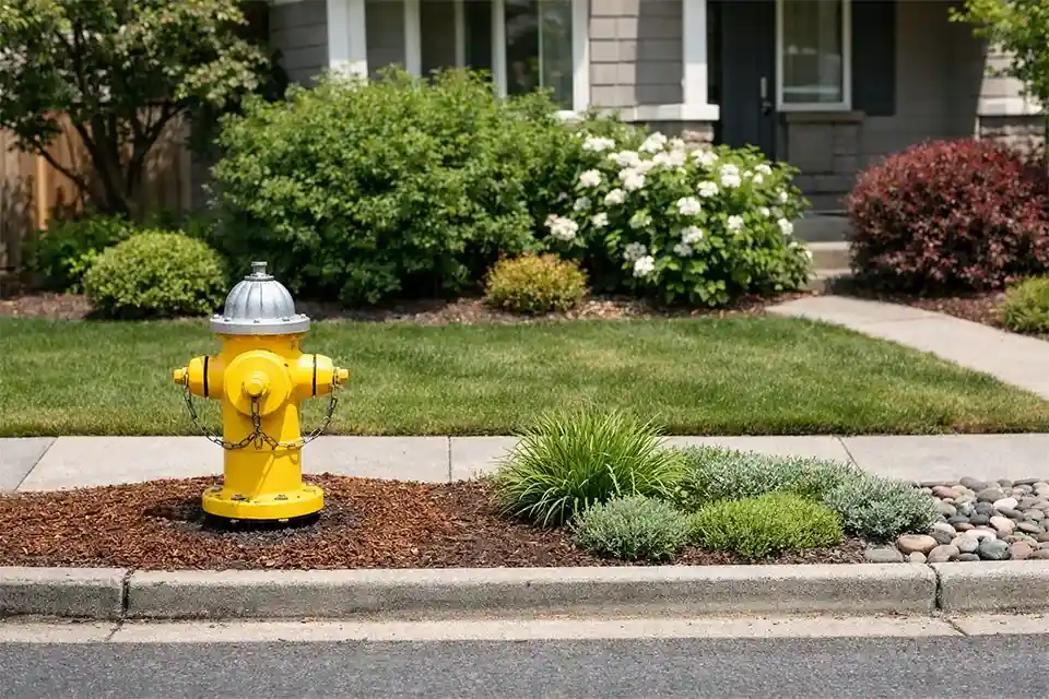 Compact front yard with a fire hydrant and street sign limiting usable planting space near the curb