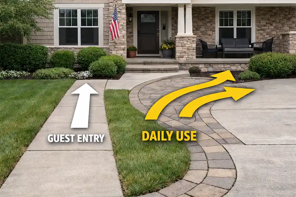Front yard with separate driveway and front door paths where the driveway route visually dominates and the main entry path is hard to follow.