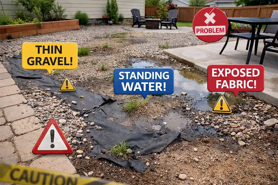 Grass-free backyard with thinning gravel, exposed landscape fabric, weeds in surface dust, and puddling beside a patio