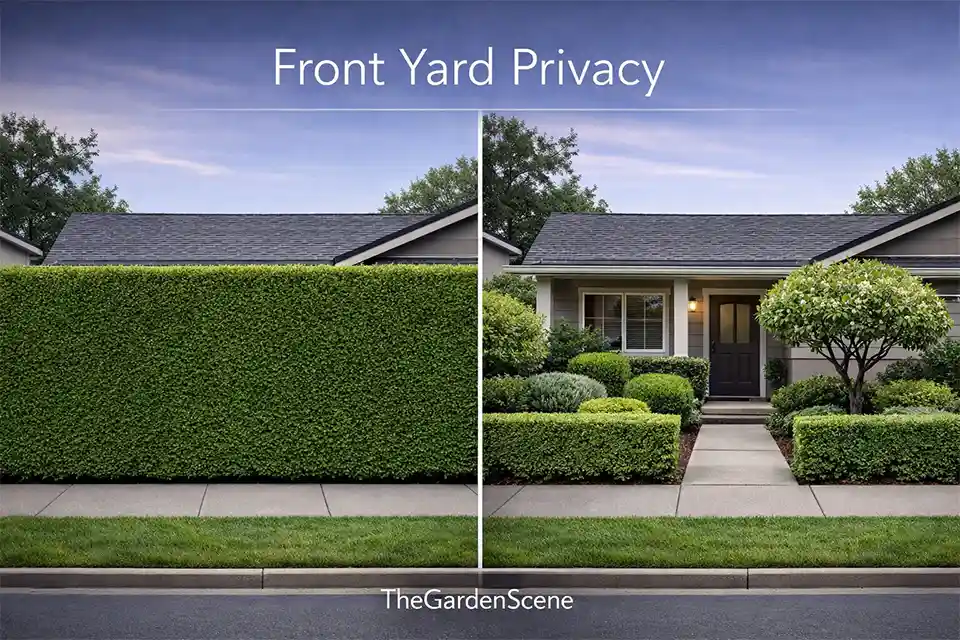 Side-by-side comparison of a closed-off front yard with a tall hedge and a welcoming front yard privacy design with layered shrubs and a visible entry path