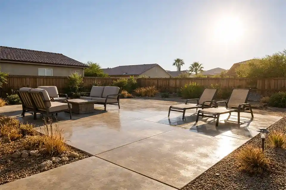 Backyard with exposed patio, scorched west-side plants, and no overhead shade showing a heat-trap design problem in hot summer weather