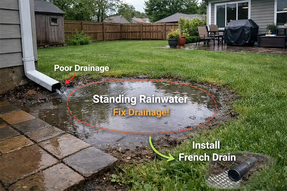 Standing water in a backyard low spot beside a patio caused by poor drainage and runoff