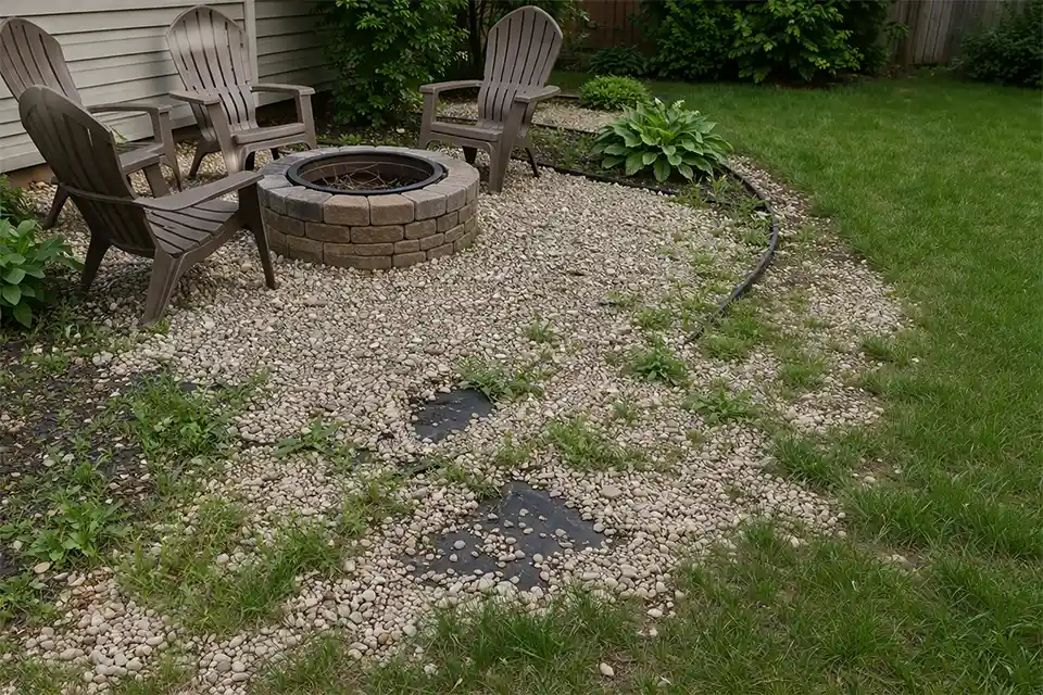 Backyard gravel landscaping with thinning gravel, exposed fabric, weeds, and stones spreading into the lawn