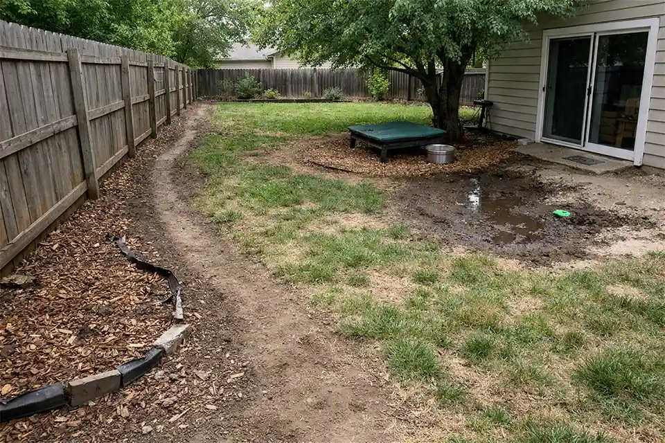 Backyard with pets showing a worn dirt path, patchy grass, muddy entry area, and damaged planting bed edge