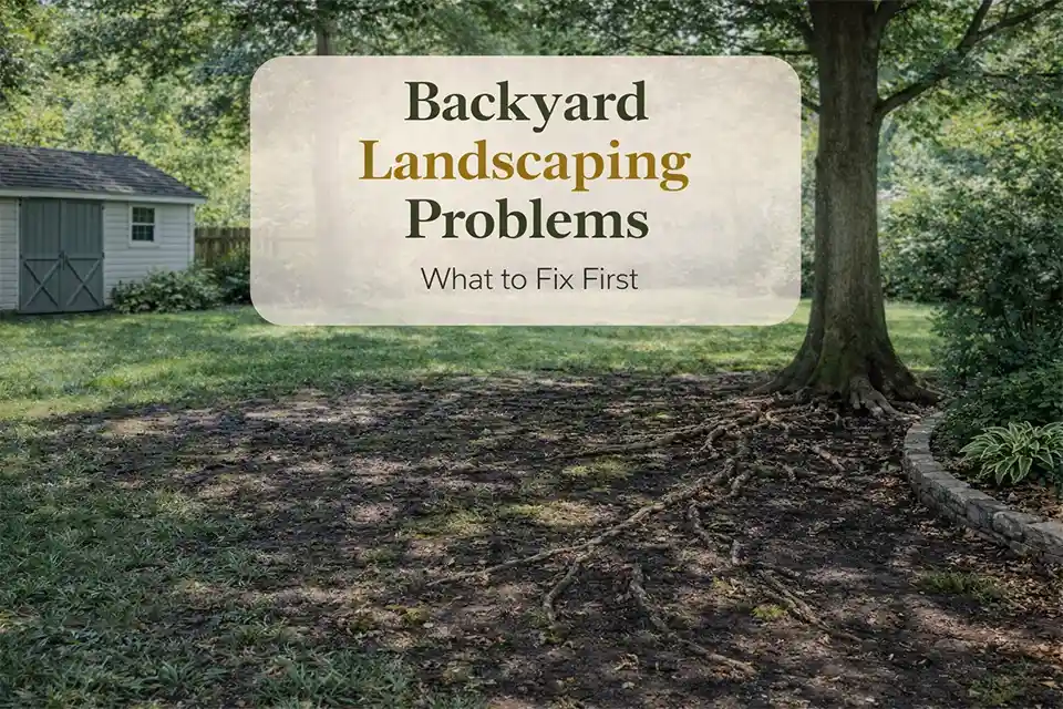 Backyard shaded by mature trees with patchy grass, moss, damp soil, and exposed roots causing landscape failure.