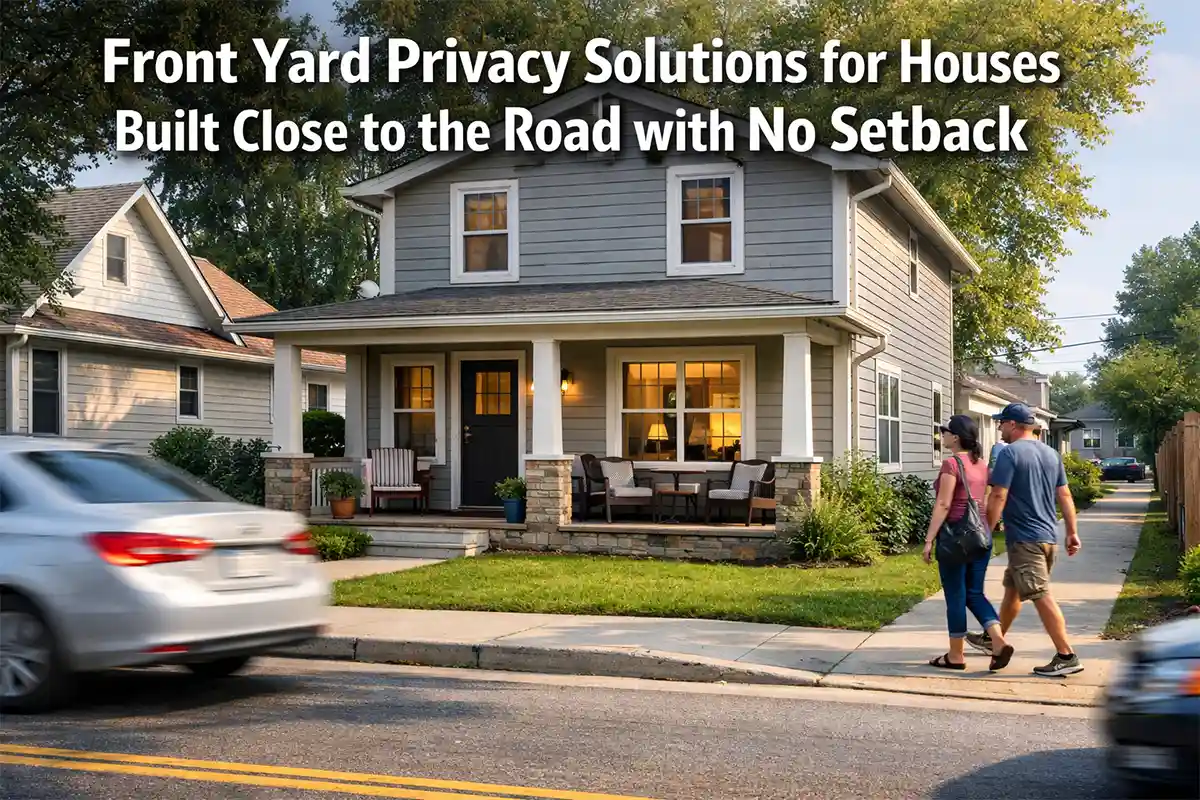 house built very close to the street with limited front yard privacy and direct visibility from passing traffic