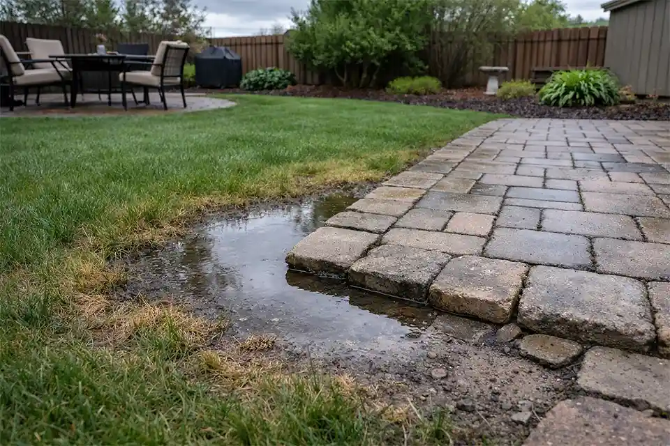 Backyard lawn and patio with standing water, settling pavers, and thinning grass showing long-term landscaping problems.