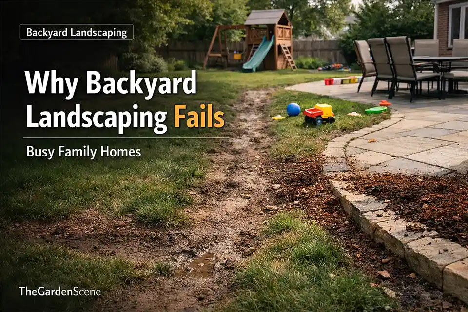 Busy family backyard with worn grass path, spilled mulch, and trampled planting edges near a patio and play area
