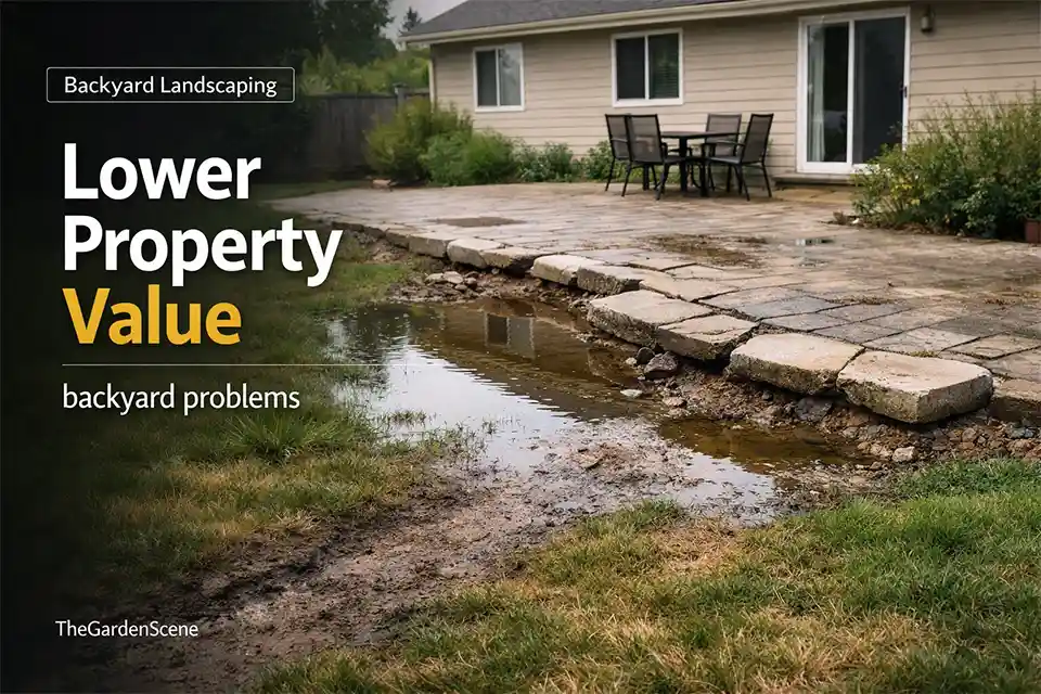 Backyard with standing water near a patio, uneven pavers, and patchy grass showing landscaping problems that reduce property value before a sale.