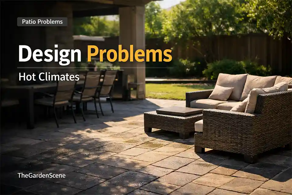 Hot-climate backyard patio with dark pavers and no shade leaving the seating area unusable in summer afternoon heat